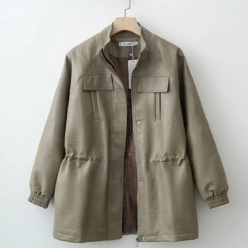 

Women Fashion 2025 Fall / Autumn Pu Leather Jacket With Elastic Adjustable Waist Female Coat And Outerwear