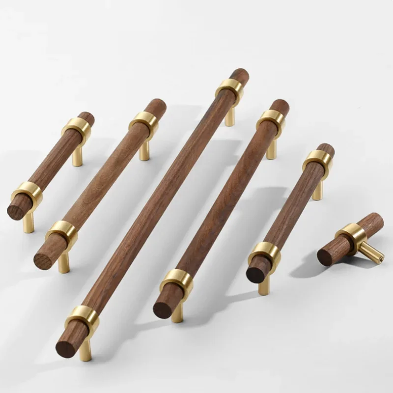 Tiradores para Armarios y Gabinetes de Latón Macizo y Madera de Nogal, Perillas para Cajones, Manijas para Armarios de Cocina, T