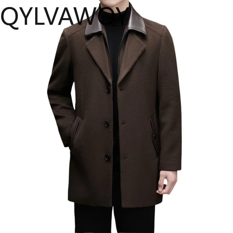 

QYLVAWOY 89% Wool Coat Lapel Jackets Cashmere Trench Coats for Men Splice Double-faced Woolen Coat Men Thicken Пальто Мужское