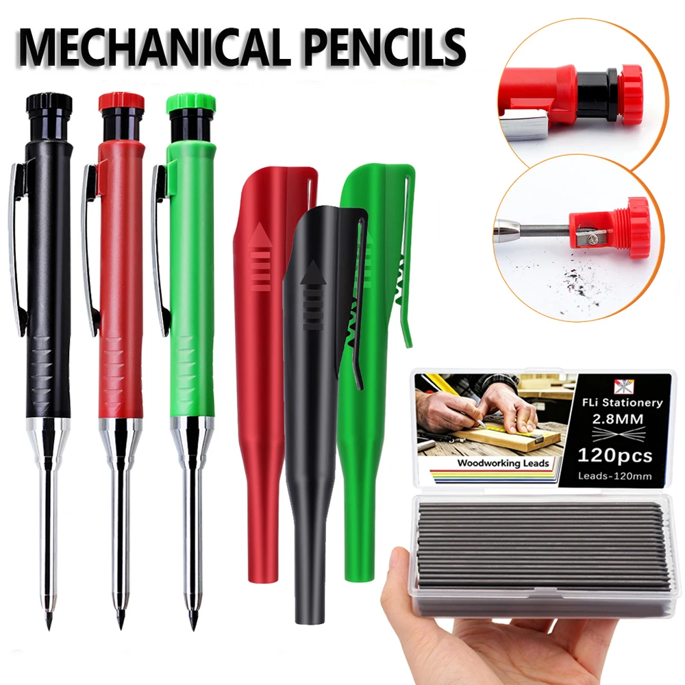 

2.8mm Solid Carpenter Pencil Set For Deep Hole Marker With Refill Leads Marking Tool Woodworking Deep Hole Mechanical Pencils