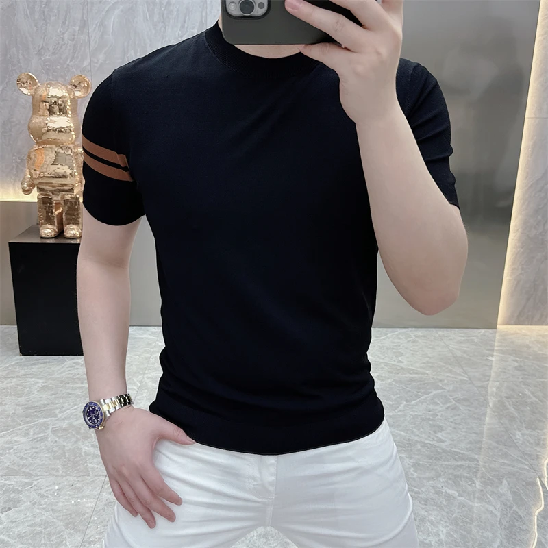 2024 Summer Stripe Handsome Round Neck T-shirts Men Ice Silk Short Sleeve T-shirt Men\'s Knitted Casual Business T-shirt M-4XL