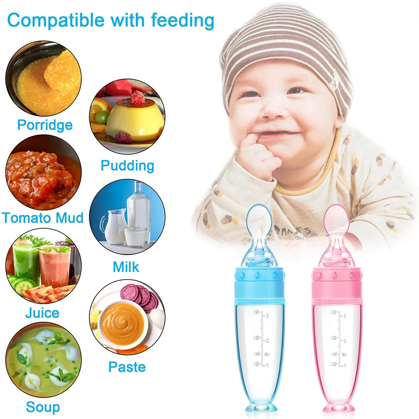 Depressible Silicone Bottle Feeding Safe Baby Feeding Toddler Squeeze Feeding Spoon Milk Bottle Training Feeder Food Supplement