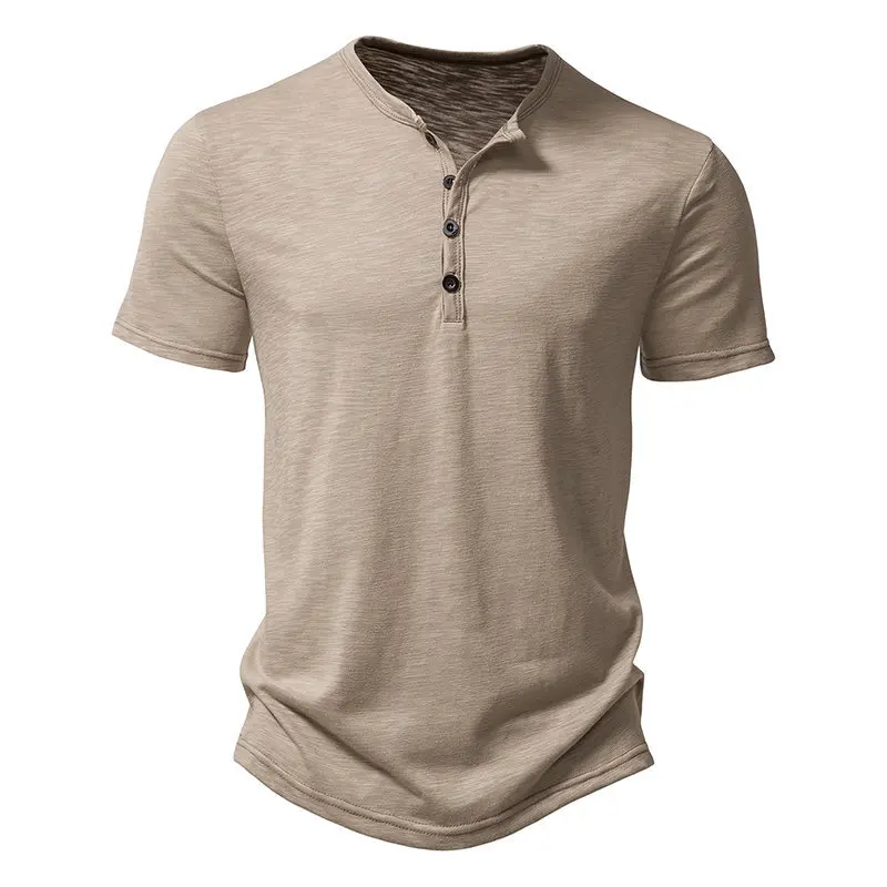 

DUYIT Men's Solid Color Slub Cotton Henley Collar Short Sleeve Summer New Casual All-Match Pullover Top