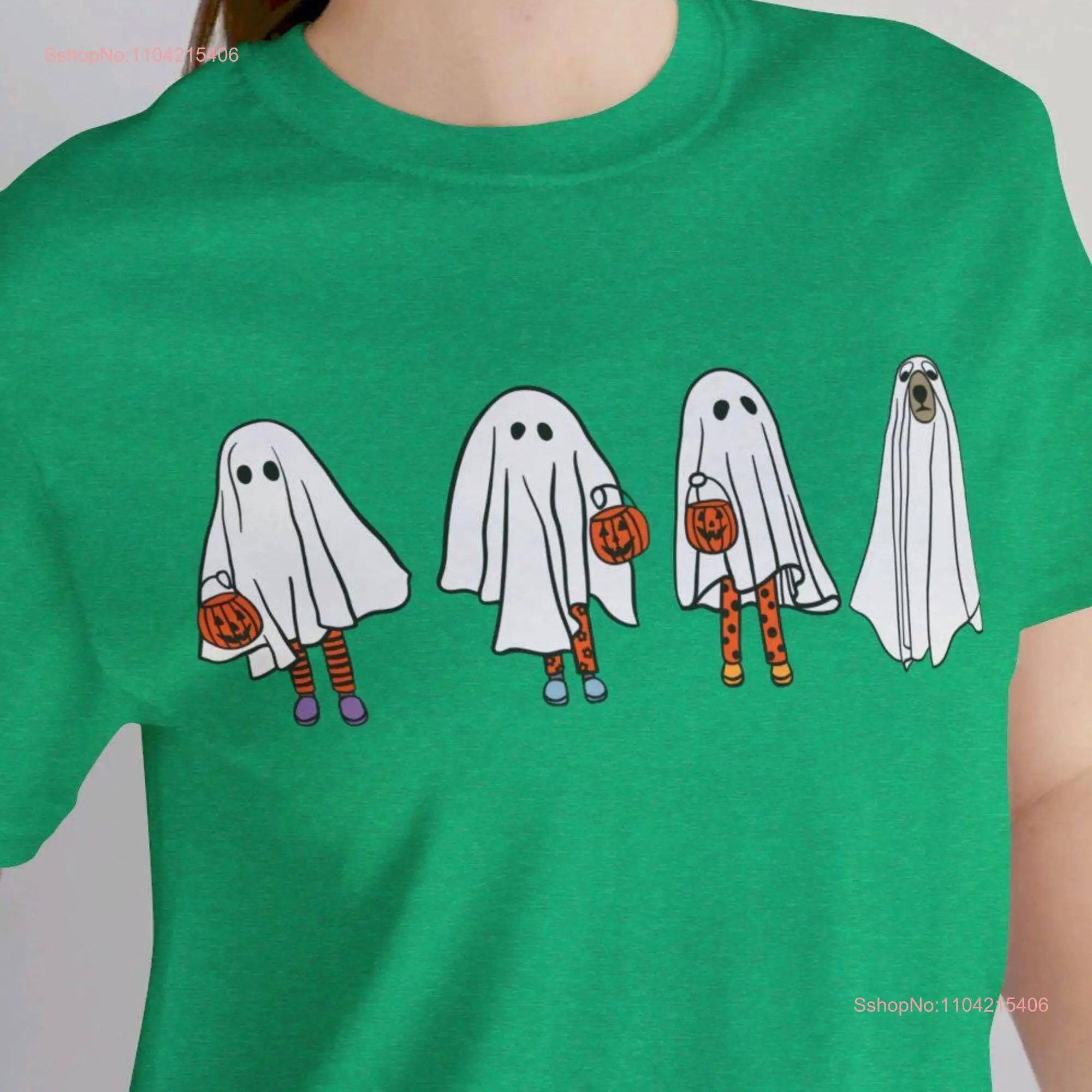 Halloween T Shirt Ghosts and Dog Fun Trick or Treating with Pumpkin Buckets Spooky Lover Soft Style long or short sleeves