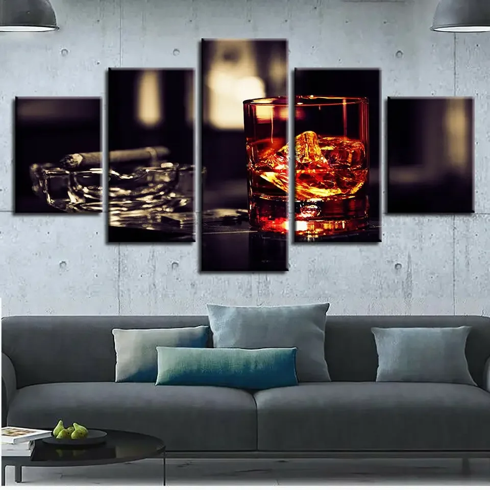 No Framed Canvas 5 Panel Liquor Glass Wine Ashtray Cigar Modern HD Decorative Wall Art Posters Pictures Home Decor Paintings