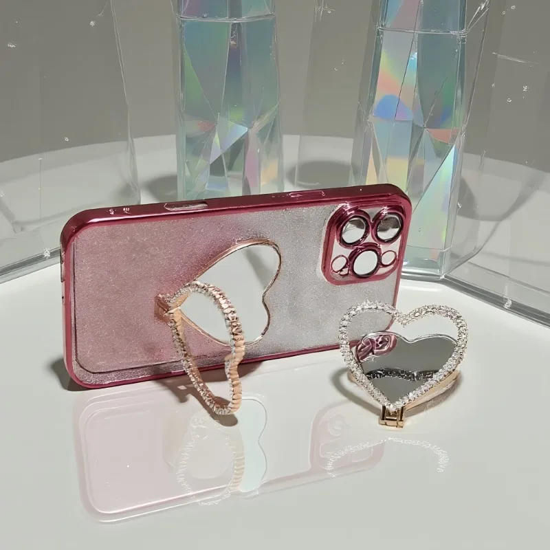 Soporte para teléfono móvil, espejo decorativo en forma de corazón, soporte de moda de escritorio, diseño de espejo plegable, se puede utilizar varios teléfonos