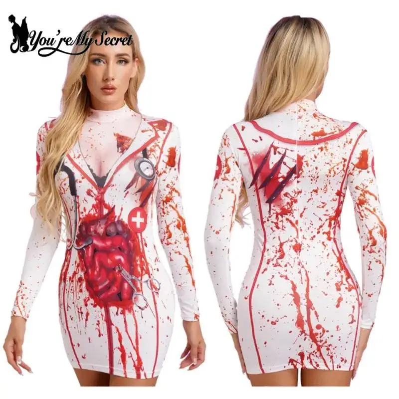 

[You're My Secret]Halloween Long Sleeve Bodycon Dresses Skeleton Printed Adult Women Nurse Cosplay Costume Party Themed Dress Up