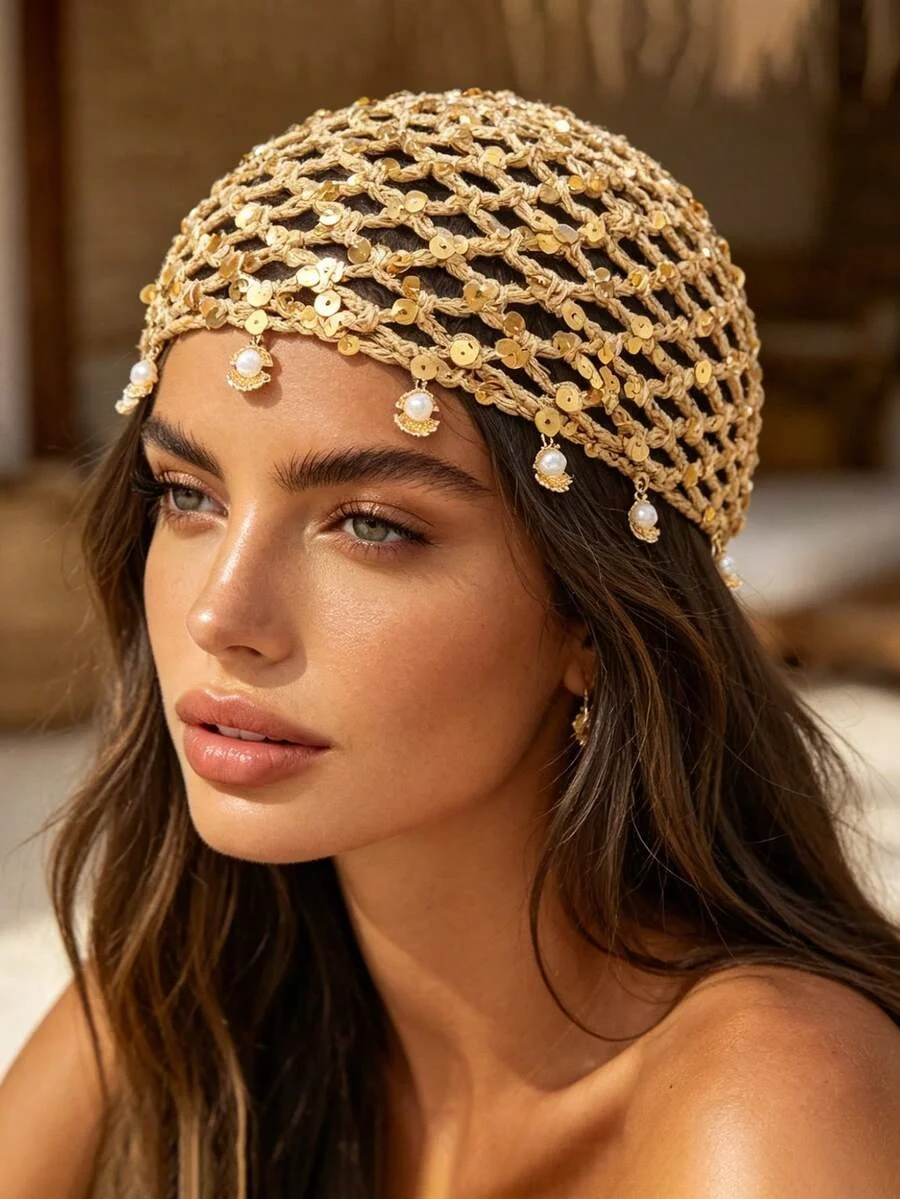 Spring Summer Beanies Shell Pearl Moon Star Pendant Decorative Hollow Mesh Knitted Hat Beanies Breathable Artist Hat