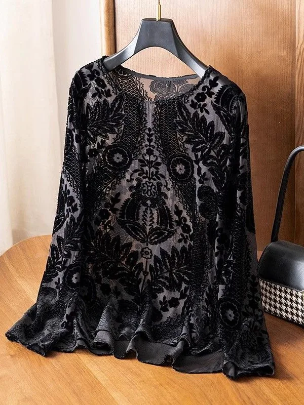 

Ретро-романтический бархатный топ с вырезами и полупрозрачными вставками, длинный рукав, круглый вырез, сексуальный, высококачественный, универсальный, для женщин