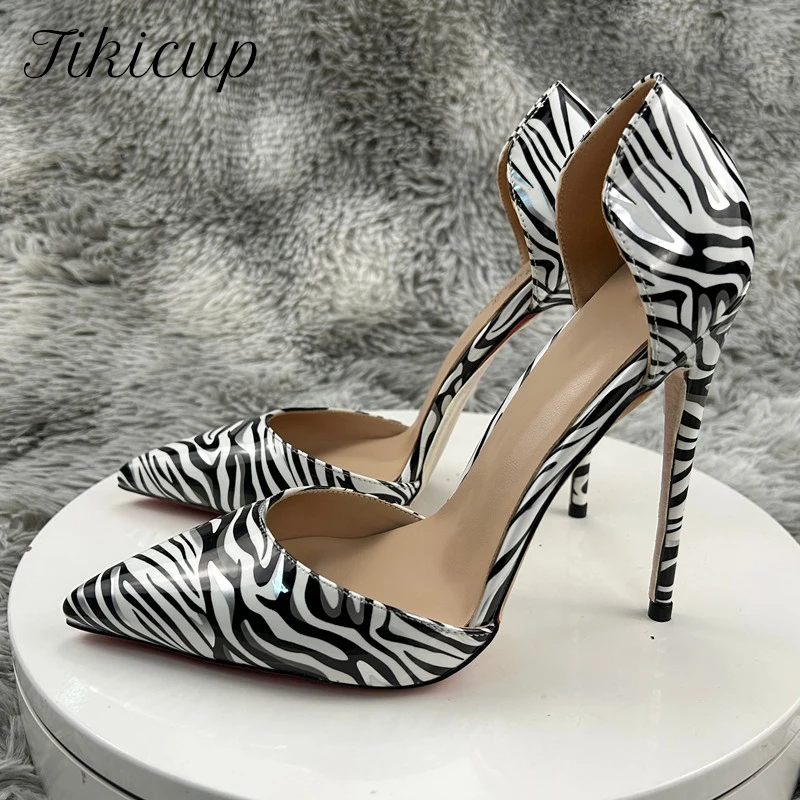 Tikicup Women's Glamorous Glossy Zebra-Print D'Orsay Stiletto Pumps Design Pointed-Toe High Heels for Elevated Evening,Cocktail