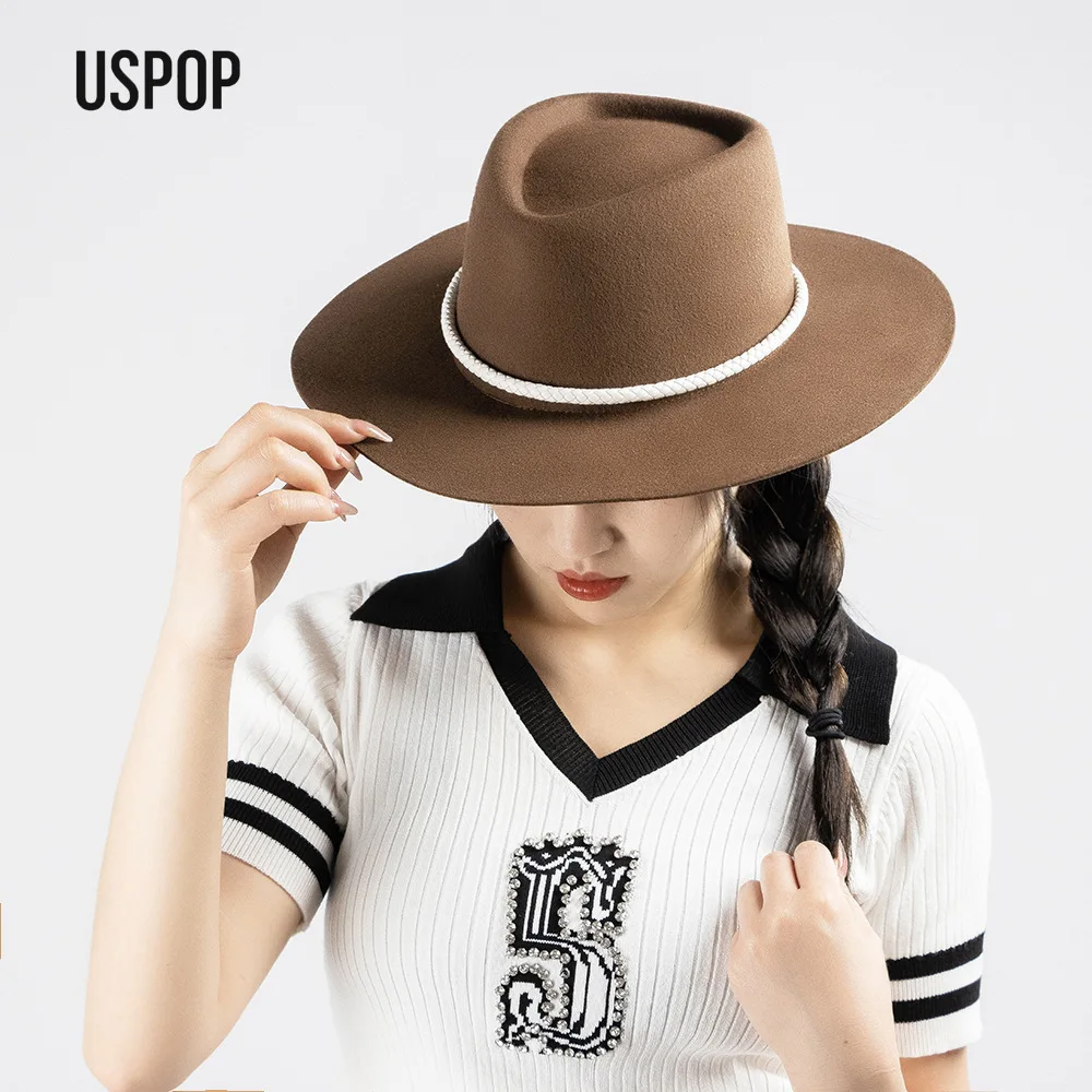 

USPOP 100% Wool Fedora Hat for Women with Decorative Ribbon | Classic Jazz Top Wool Felt Wide Brim Elegant Cap
