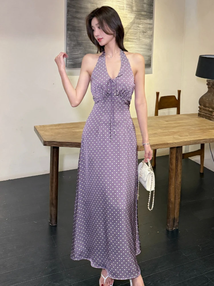 Robe longue de vacances française élégante pour femmes, Sexy, Vintage, violet, col licou, Maxi, Robe de vacances, dos nu, à bandes, robes de soirée