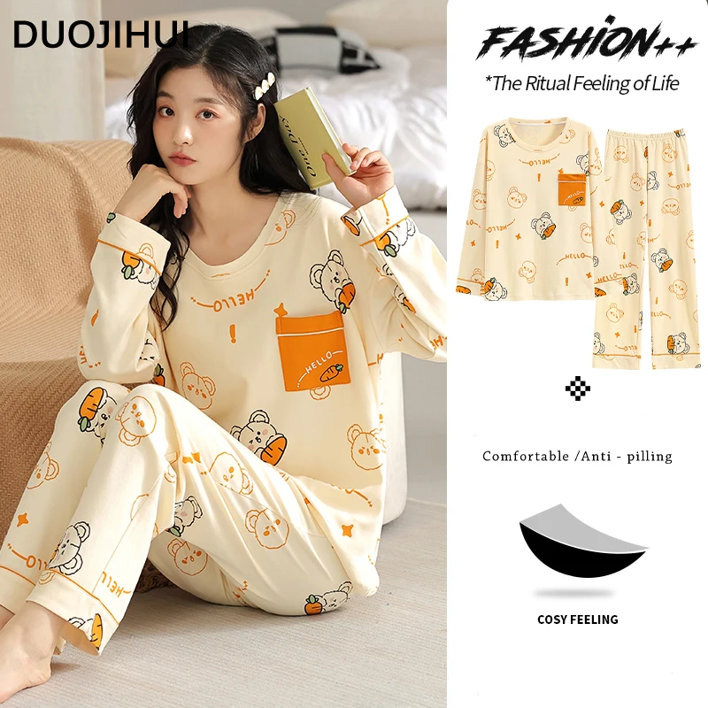 DUOJIHUI-Pijama informal de bolsillo para mujer, conjunto de dos piezas con almohadilla en el pecho, Jersey, pantalón suelto, estampado Simple