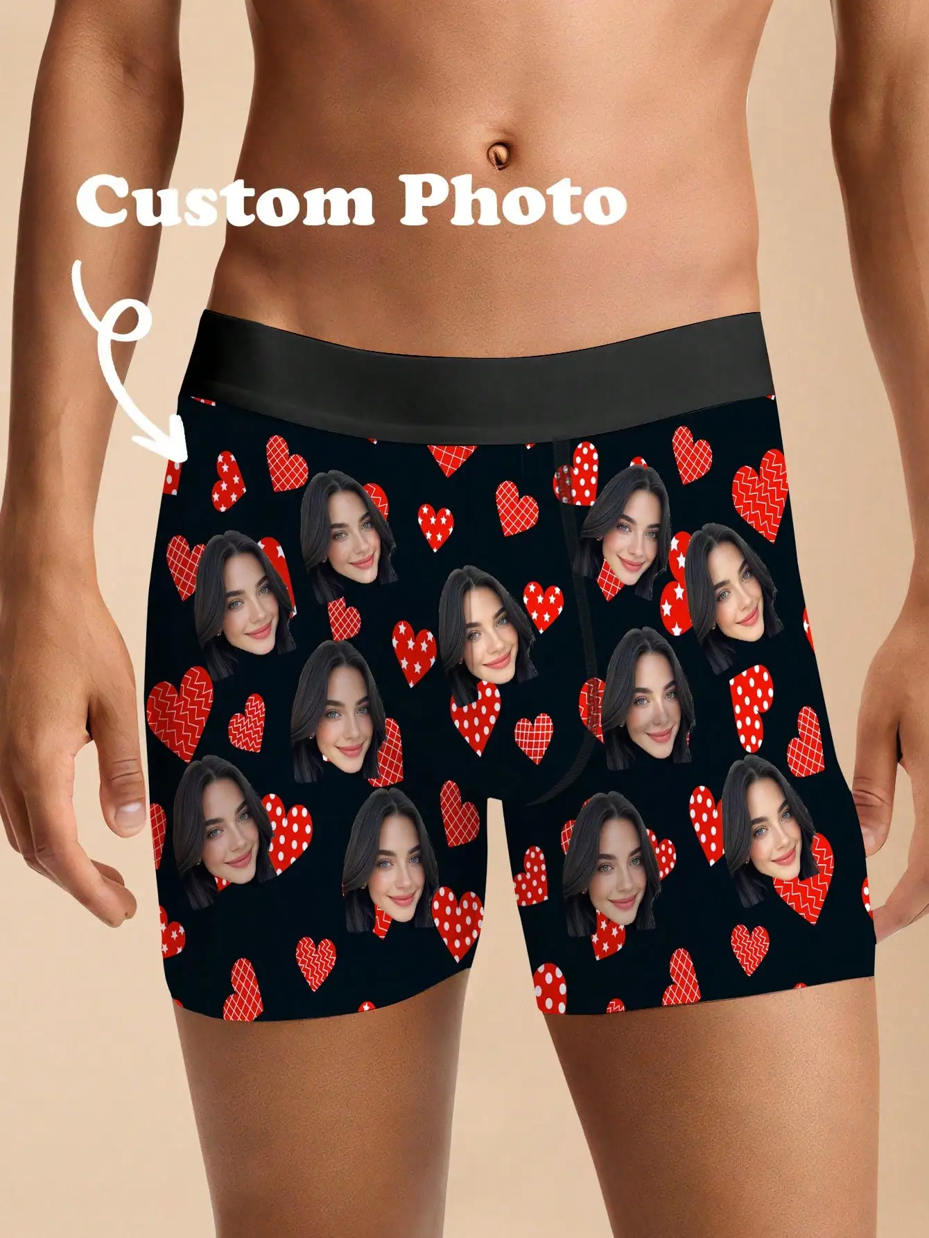 Custom Photo Heart Face Boxers Men Personalized Funny Underwear Black Boxer Briefs Valentine Anniversary Birthday Gift for Him