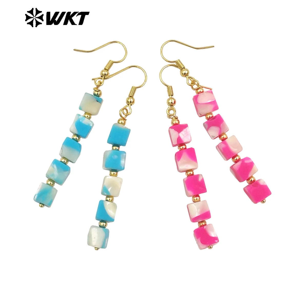 

WT-E750 Newest Vintage style Gold Long Dangle Square Shell Beads Handmade Lady Earrings For Spring 10Pairs