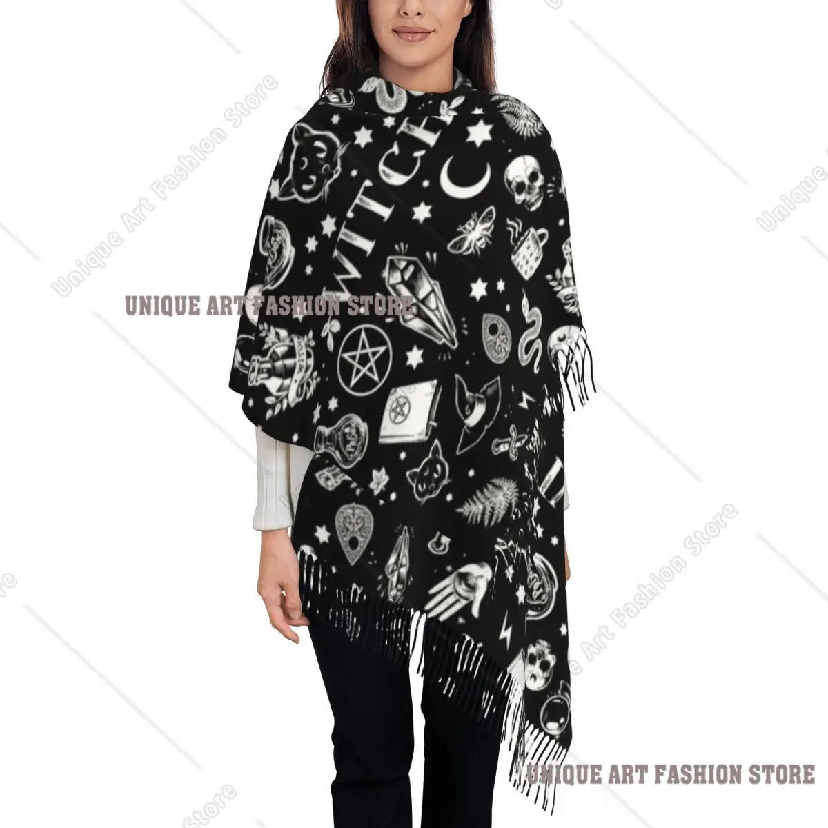 Custom Printed Halloween Occult Gothic Magic Witch Pattern Scarf Women Men Winter Warm Scarves Shawl Wrap