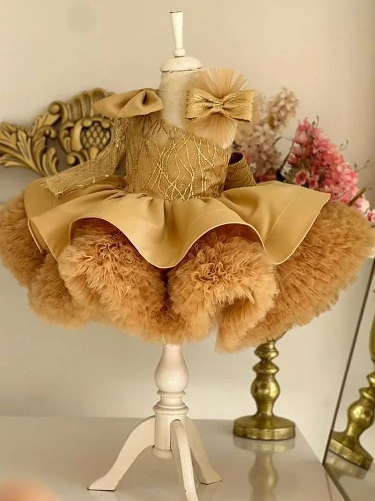 Girl\'s sequin bow princess dress 2024 new fashion single shoulder fluffy dress carnival birthday wedding flower girl performance