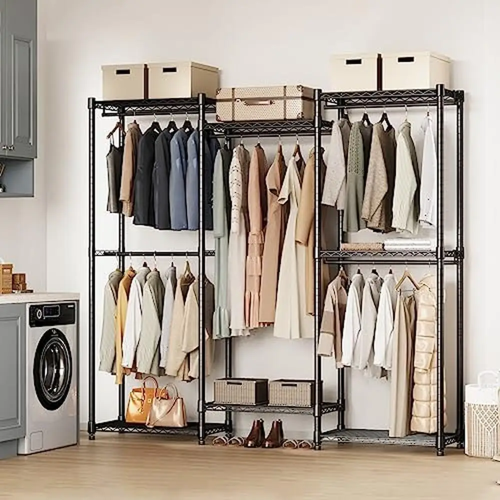 Adjustable Metal Closet Organizer Storage Rack with 7 Shelves & 5 Hanging Rods Heavy Duty Clothing Rack Organizers Clothes Coats