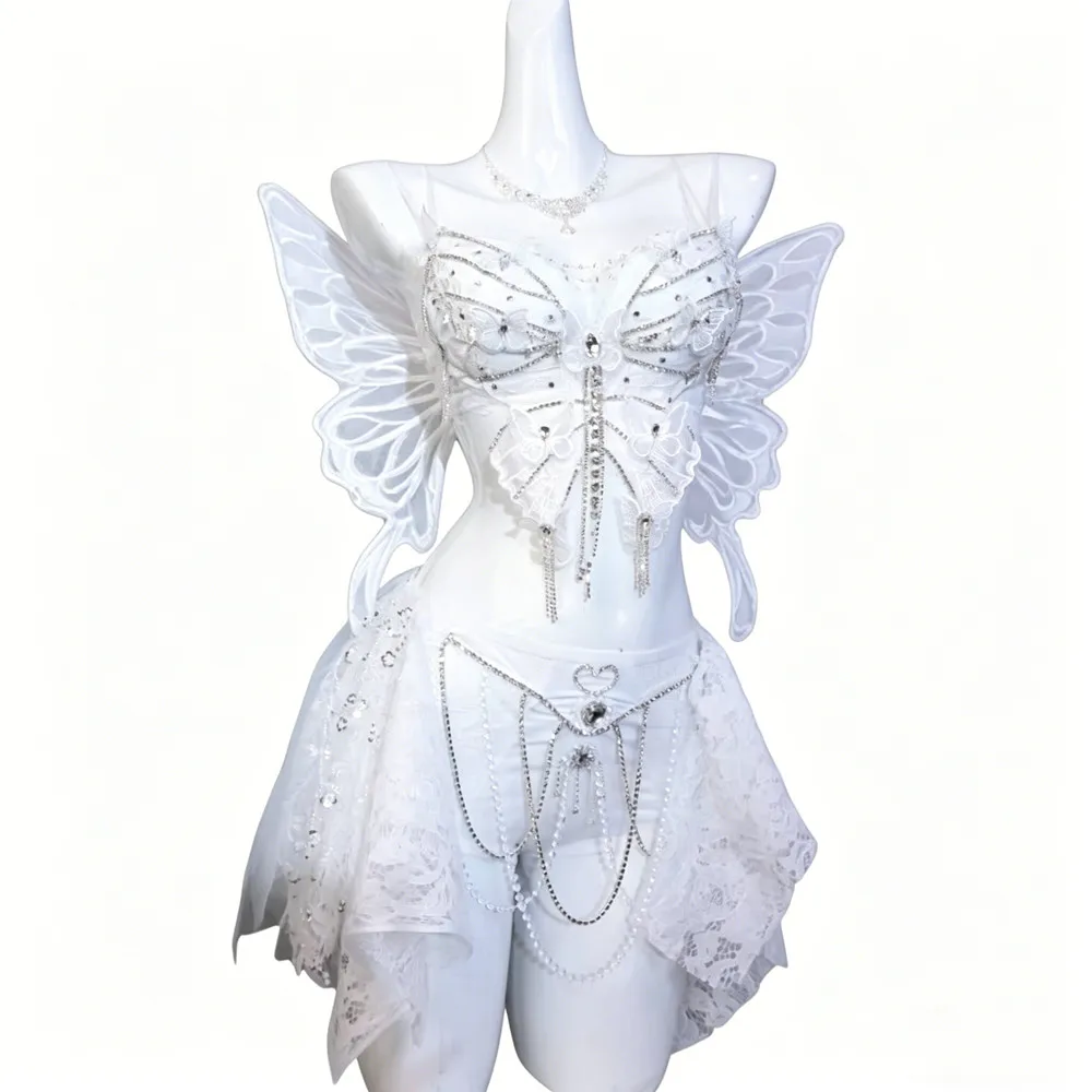 

White Wings Sparkly Diamond Bikini Tutu Skirt Electric Music Festival Rave Outfit Nightclub DJ Sexy Stage Performance Costume