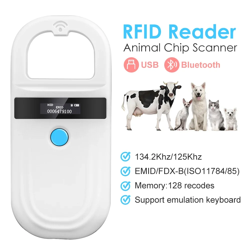 

1PCS 134.2KHz 125kHz Animal RFID Reader Pet Cat Dog Microchip Scanner FDX-B Glass Chip USB/Bluetooth Tag Reader with Tags