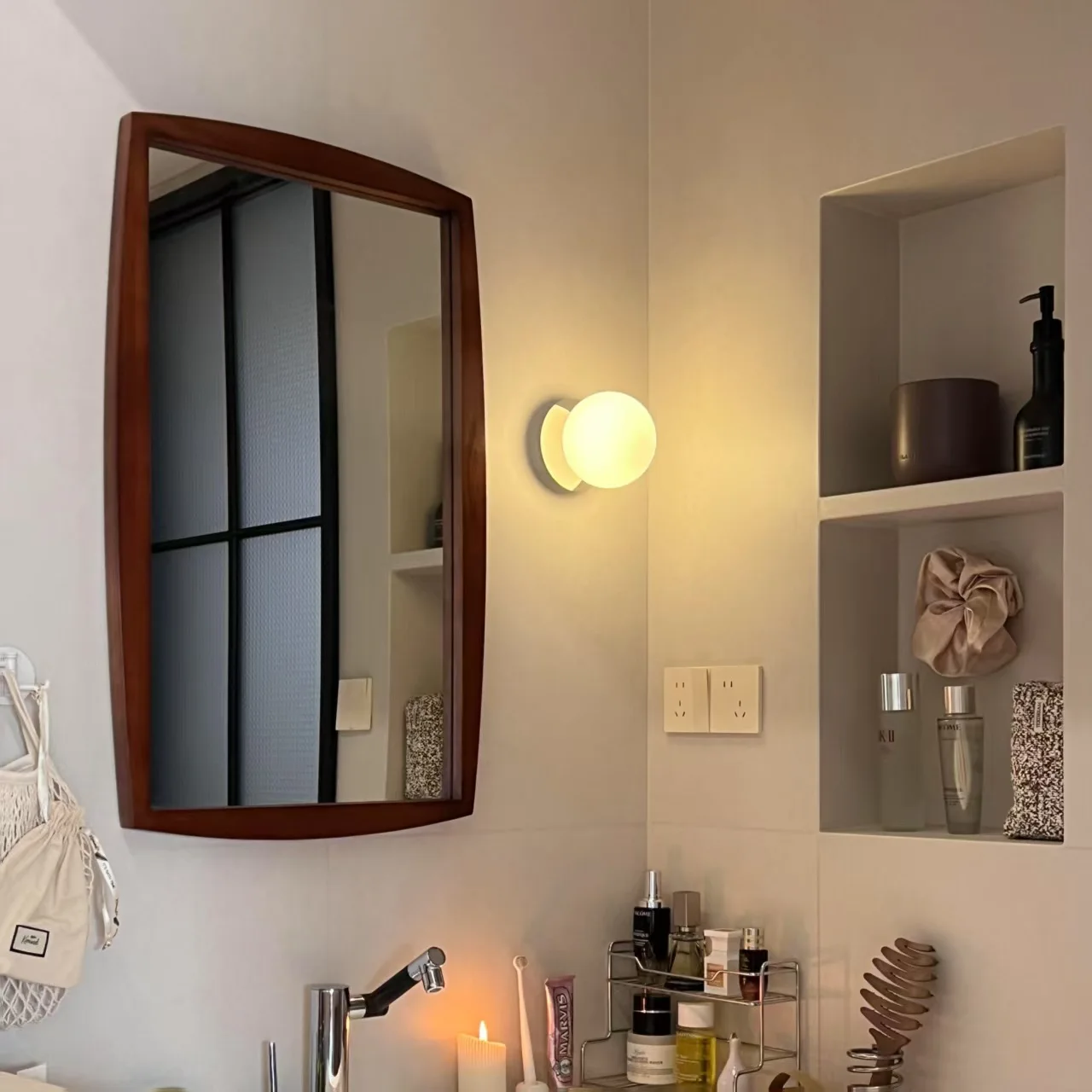 Medieval rubber wood square wall hanging touch with lamp LED fill light makeup table washbasin bathroom anti-fog mirror
