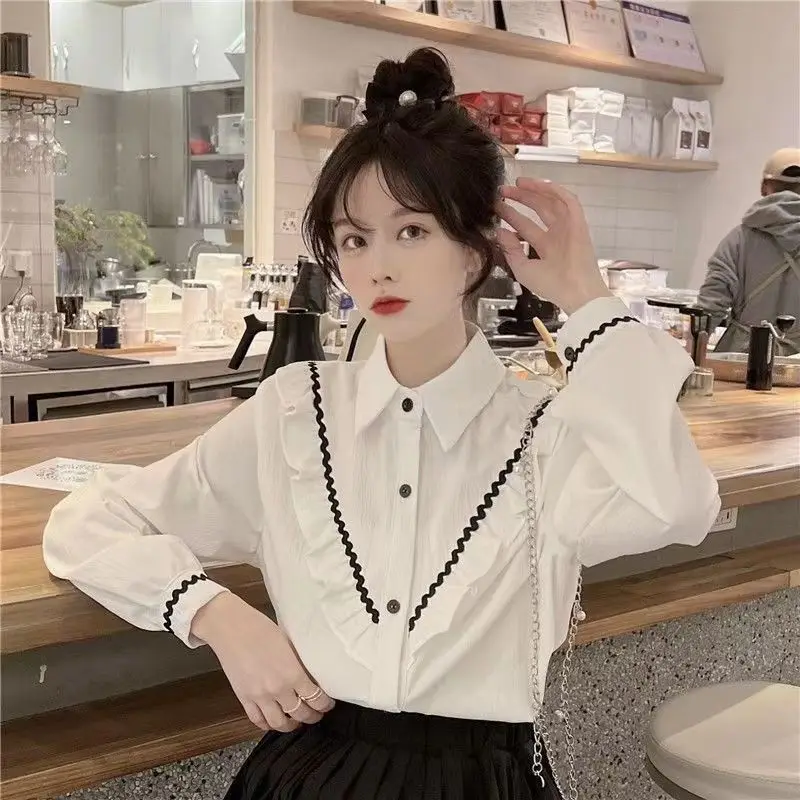 Single Breasted Black Ear Edge Patchwork Blouse Spring Long Sleeve Loose White Elegant Shirt Tops Fashion Trend Women Clothes