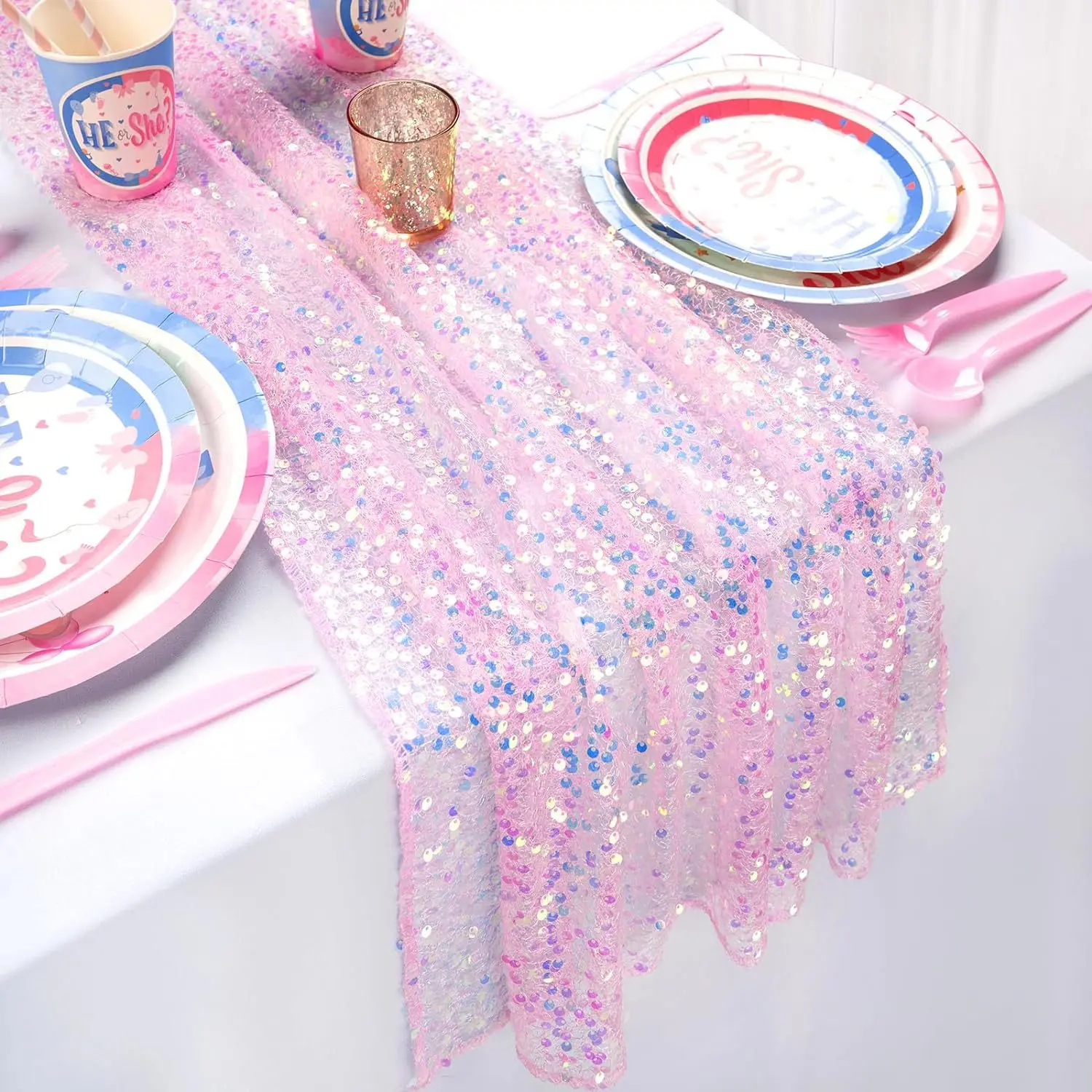 

6pcs Glitter Iridescent Sequin Table Runner Soft Wedding Dining Tablecloth Decoration For Bridal Shower Girls Birthday Party