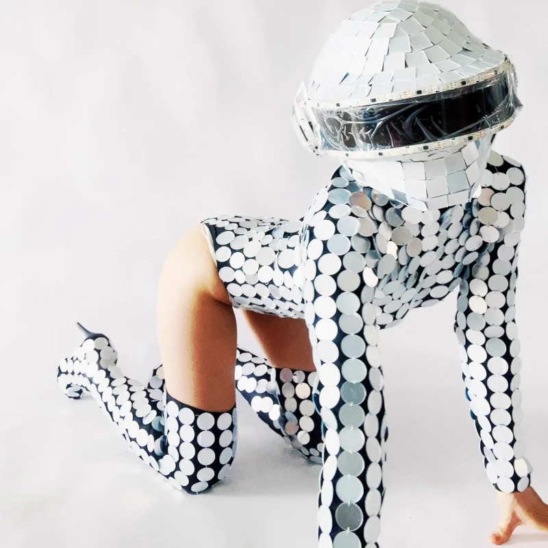 LED Mirror Women Costume Cosplay Clothing Hand Sewn Silver Gold Stilts Walker Show Suit Stage Dress Performance Mask Helmet