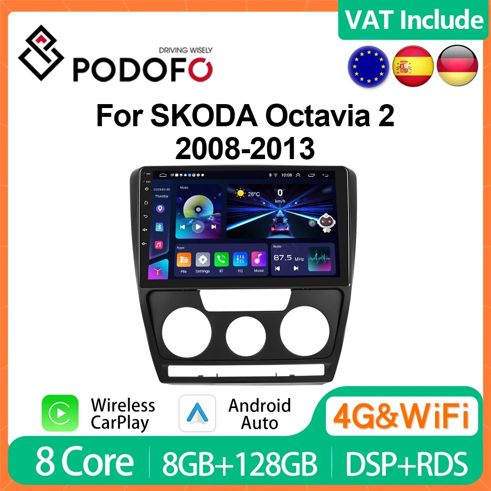 Podofo 4G CarPlay Android Auto Car Radio For Skoda Octavia 2 2008-2013 Multimedia Player 2din GPS Stereo Head Unit Autoradio IPS