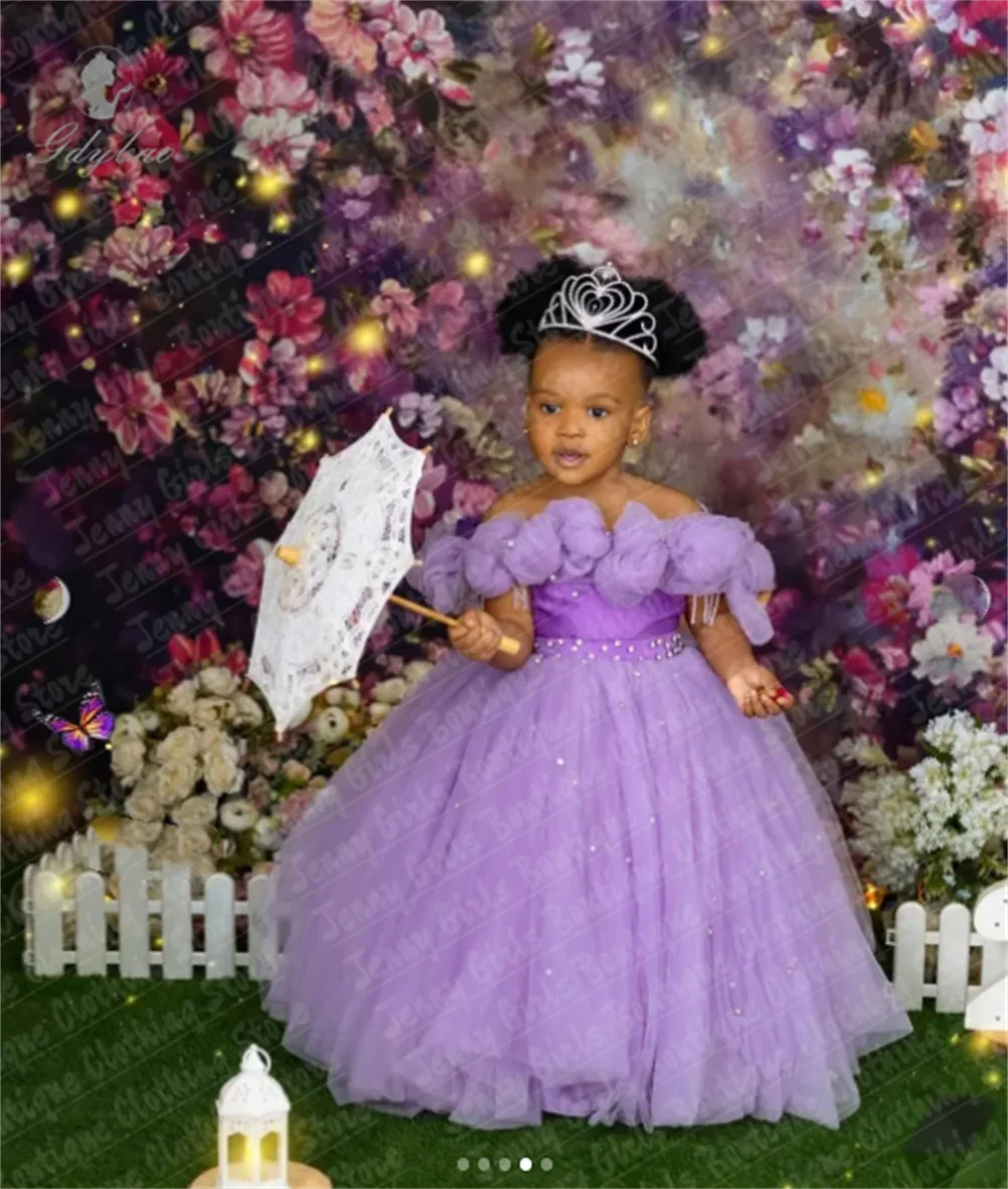 

CustomizedCustomize Children Dress Light Purple Cute Mesh Pearl Flower Girl Dress For Birthday Party Host Prom First Communion