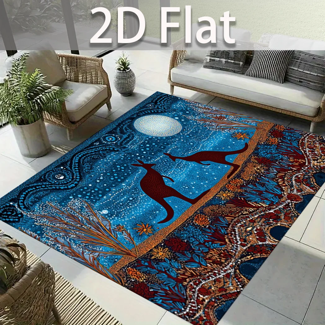 VIKAMA Australian Tribal Kangaroo Large Rug Aboriginal Dot Flora Print Non‑Slip Washable Soft Floor Mat for Indoor Outdoor Decor