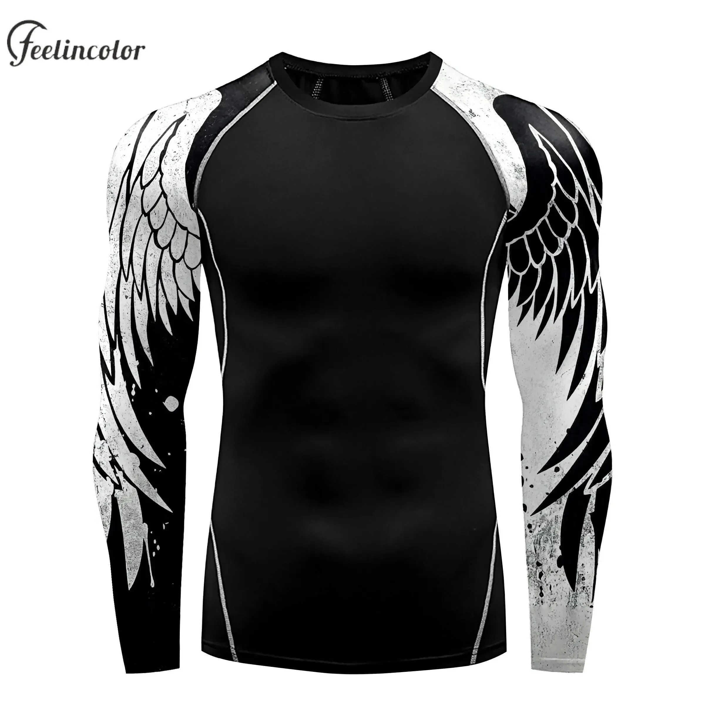 Camiseta de compresión con estampado 3D para hombre, camisa de manga larga con estampado de alas, cuello redondo, Top de entrenamiento, secado