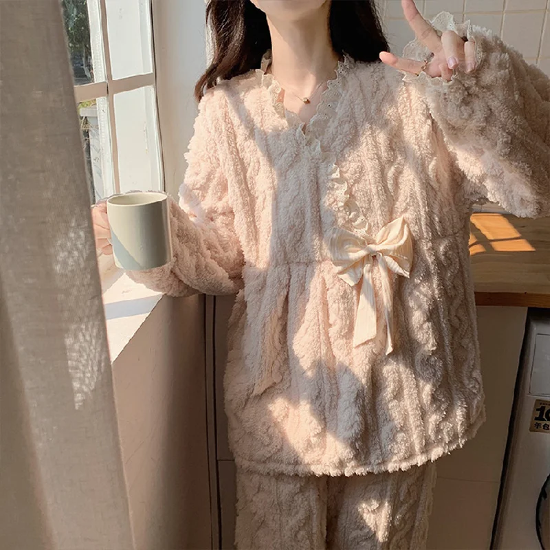 Winter Two-Piece Women's Coral Fleece Pajamas Maternity Breastfeeding Cute Padded And Thickened Autumn And Winter Homewear Set