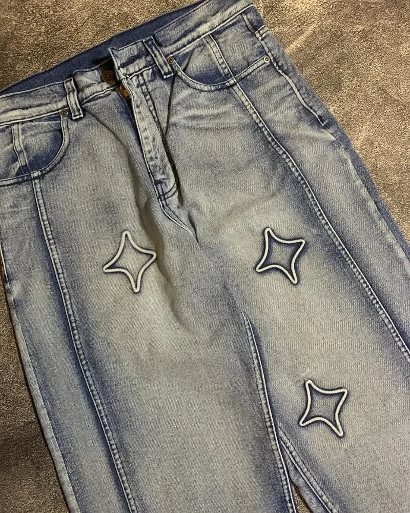 

American Harajuku Tide Embroidered High-waisted Washed Jeans Men Y2k Hip-hop Rock Street Oversized Wide-leg Pants Pants Female