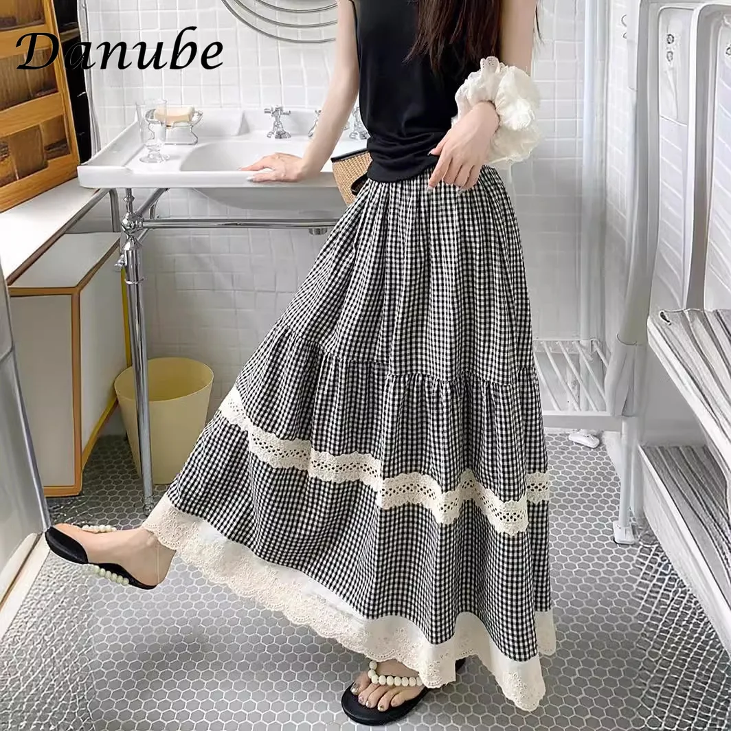 Vintage Plaid Patchwork Cotton Linen Long Skirt Women Japanese High Waist A-line Cake Lolita Skirts Elegant Ruffles Casual Skirt