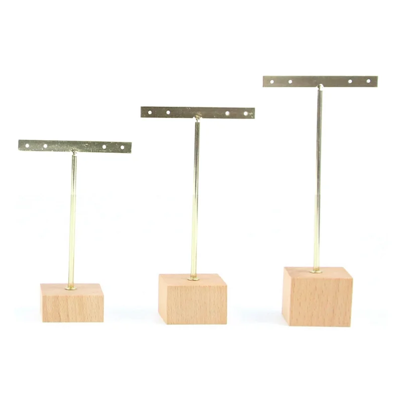 3Pcs Gold Metal T Bar Earring Display Stand with Wooden Square Base 4 Holes Jewelry Holders Hanging Earring Organizer