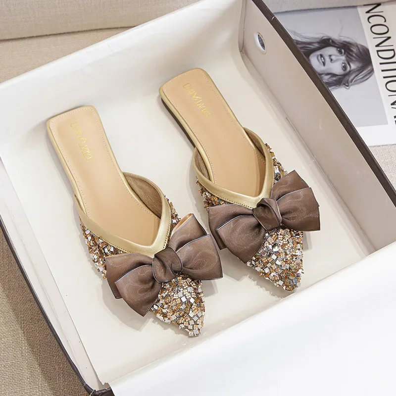Female Summer Autumn Mules Half Wear Slip-on Shoes Flat Rhinestone Fairy Sandals Slipper Large Size 41 43