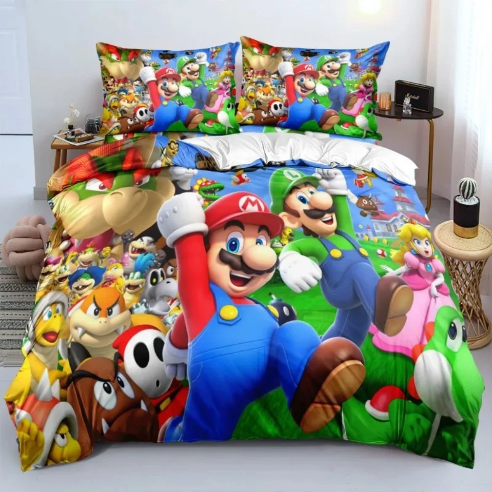 Cartoon Mario Print Duvet Cover Pillowcases Game Super Mario Bedding Set Adult and Children Bedding Set Luxury Birthday Gift