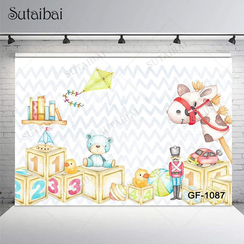 

Baby Birthday Photography Background Cartoon Theme Horse Kite Bear Soldier Newborn Baby Cake Smash Kid Party Celebrat Booth Prop