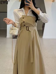 [EWQ] Vintage Contrast Color Fake Two-piece Chic Buttons Lapel Long Sleeve Pullover Dress Casual Loose A-line Vestidos 16U5505