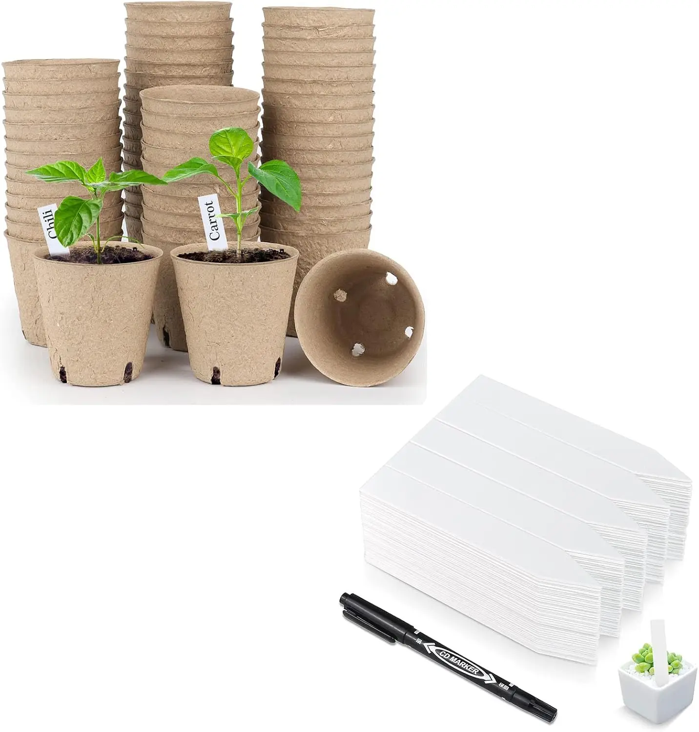 

Peat Pots, 4 Inch Seed Starting Pots with Drainage Holes Round(60 Pcs) with 4 Inch Plant Labels Waterproof Plant Tags(20