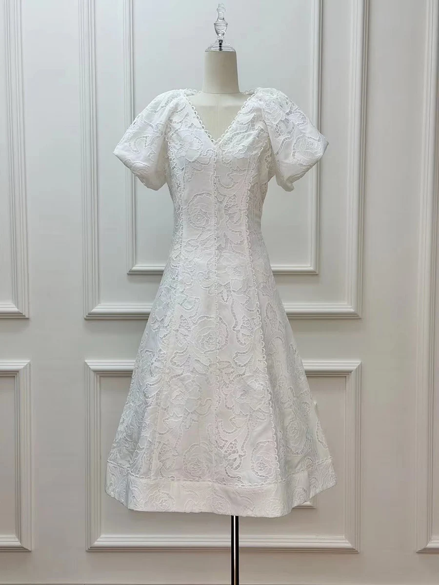 TWOTWINSTYLE Solid Slimming Spliced Embroidery Elegant Dresses for Women V Neck Short Sleeves Minimalist Long Dress Female New