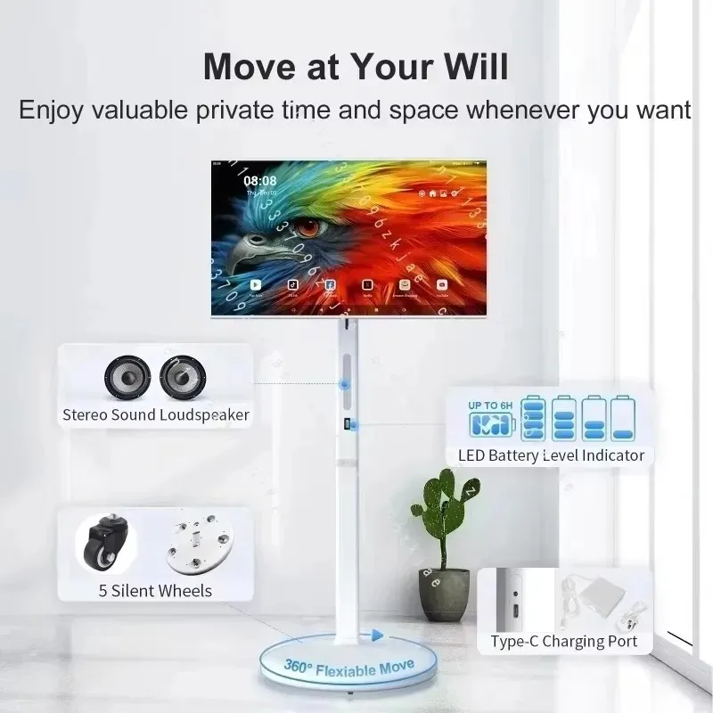 32 Inch Android 13 Portable Smart TV with Built-In Battery and Wheels for Home Study Business, 8+128G 1080P