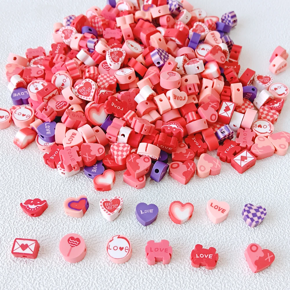 100 Stück gemischte Herz-Polymer-Ton-Abstandshalter, lächelnde Perlen für Schmuckherstellung, DIY-Armband, handgefertigte Accessoires, Valentinstagsgeschenk