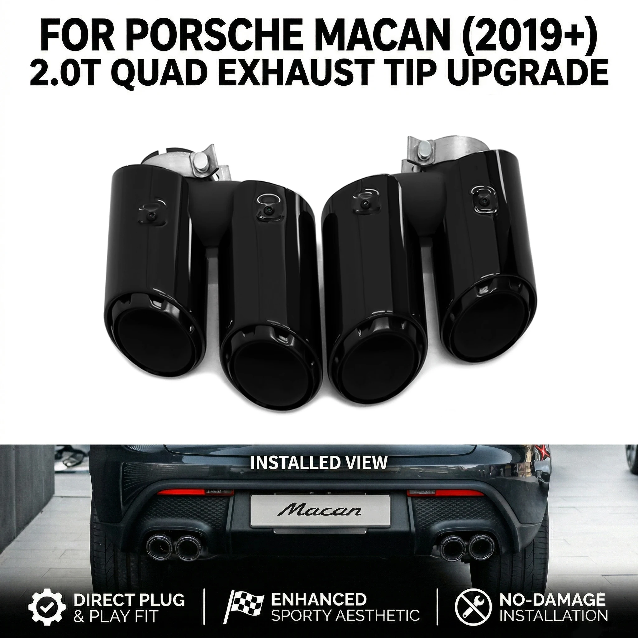 

Dual To 3-Layer Quad Stainless Steel Exhaust Tips for 2019+ Porsche Macan 2.0T Base (Type 95B) Square to Quad Upgrade