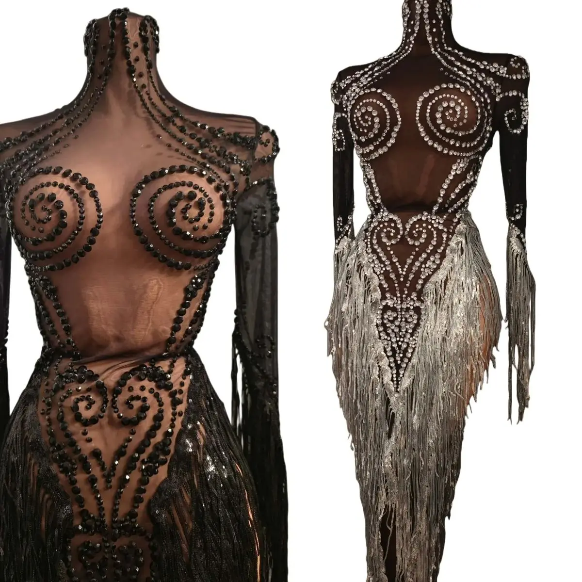

Designer Black Silver Crystals High-end Latin Dance Dress Sparkly Event Party Outfit Sexy Long Sleeves Mesh Tassel Wear Heitao