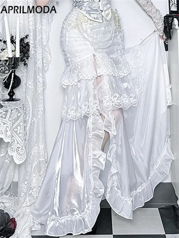 

Court Embroidery High-end Irregular Long Skirt Women's White Gothic Style Y2K High Slit Skirt Vintage Halloween Aesthetic Lolita