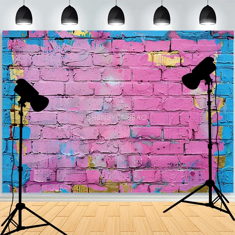 Abstract Neon Rainbow Painted Brick Wall Background Damaged Rustic Texture Vibrant Graffiti Grunge Photography Backdrops BK-03