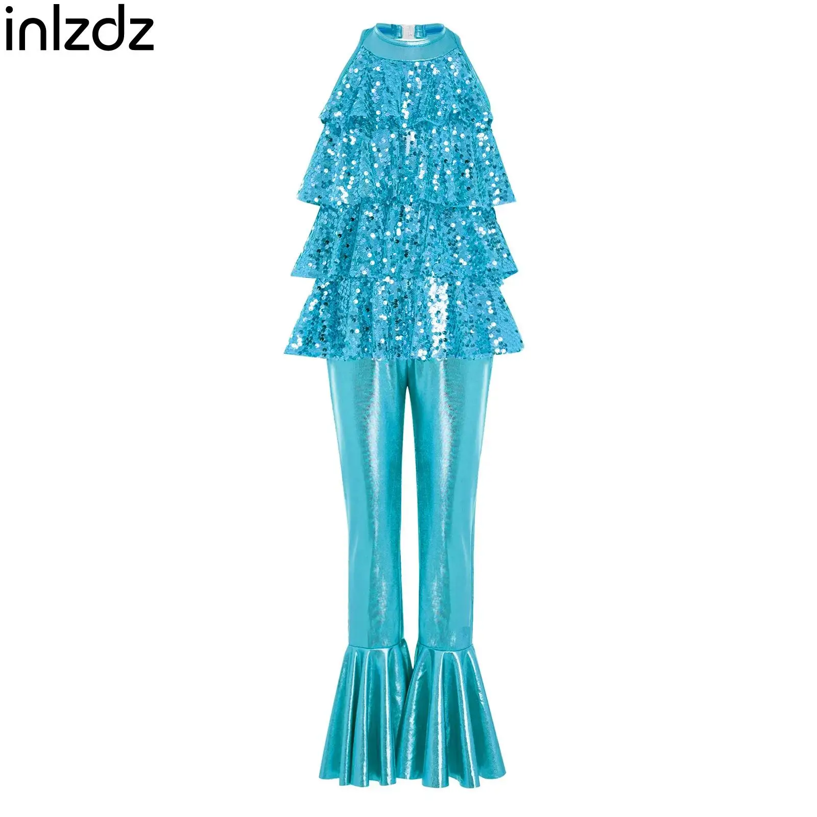 

Kids Girls Pageant Party Jazz Jumpsuit One-piece Ballet Jazz Dance Performance Costume Metallic Full Length Leotards Rompers