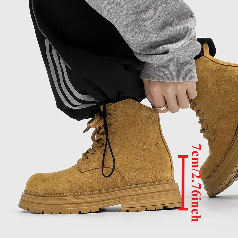 

High Quality Men‘s High Top Motorcycle Boots Chunky Lace-Up Platform Shoes Hidden Height Insole Comfortable 7cm Increase Shoes